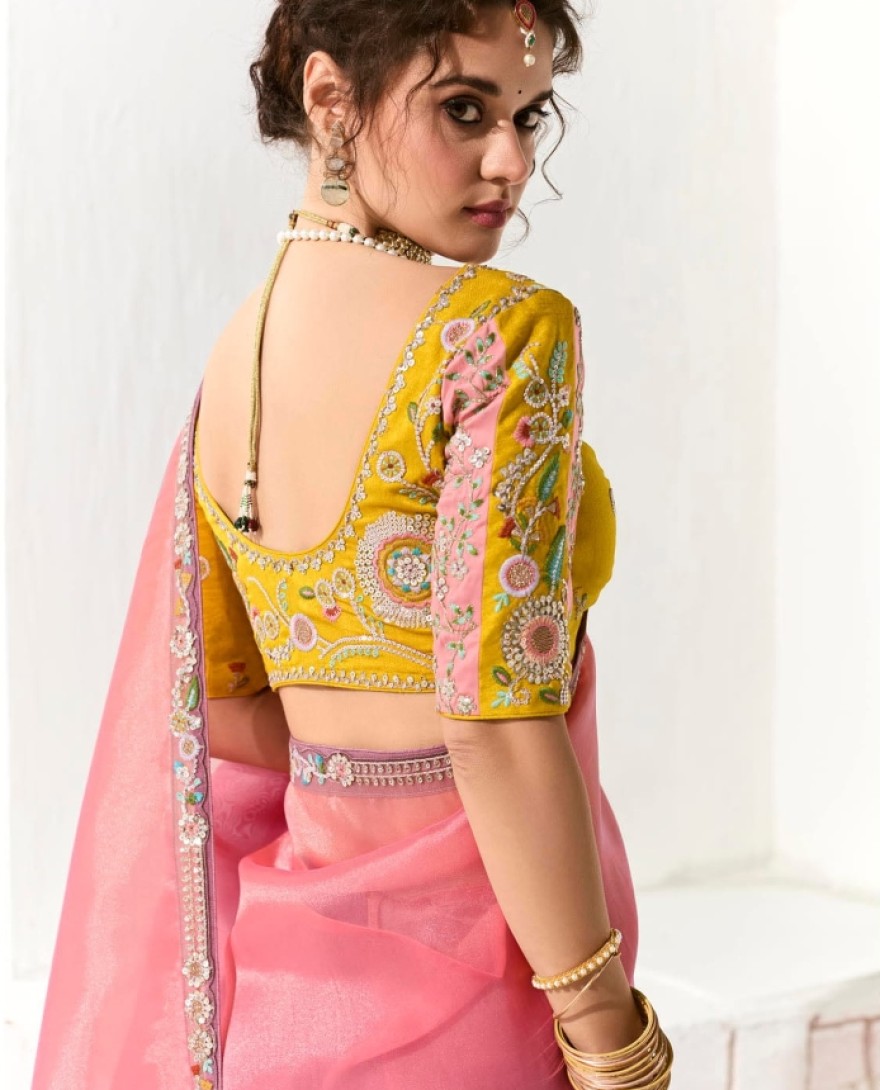 2220 - RAVISHING PEACH & PURPLE SHADED TISSUE SILK BRIDESMAID SAREE WITH BLOUSE